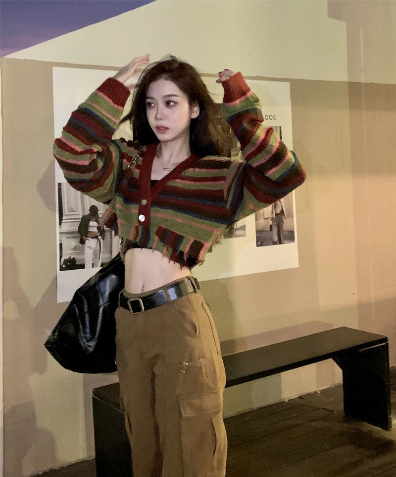 American Vintage Autumn Vintage Contrast Stripe Knitted Cardigan V-Neck Loose Casual Short Top Women 250730