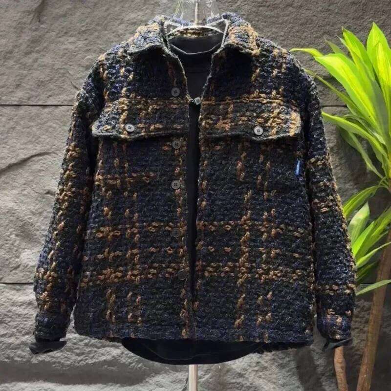 Elegant Plaid Warm Padded Men's Korean Streetwear Parkas Trendy Versatile Loose Thickened Lapel Shirt Jacket Men Clothing