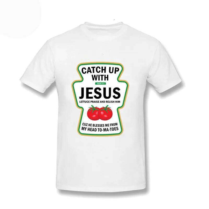 Men Christian Catch Up With Jesus Ketchup T-Shirt Family Student Tee Shirt Men's 100% Cotton Haruku Short Sleeve Tops