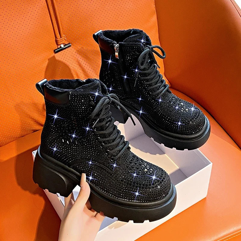 Sequin Diamond Short Boots Women Autumn Winter Fashion High Top Thick Heel Lace Up Boots Outdoor Party Casual Shoes 250729