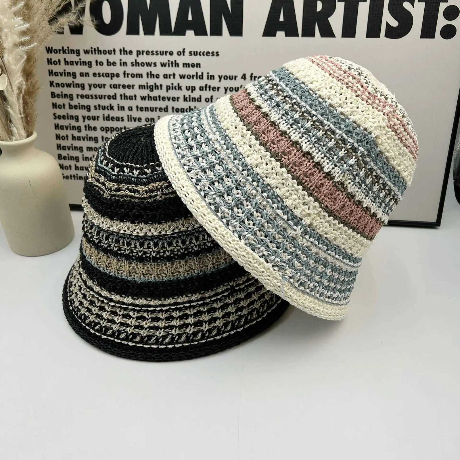 igh Chuti Spring and Summer Knitted Hollow Contra Striped Fisherman Hat Childrens Versatile Hat Sun Visor Hat Y250730
