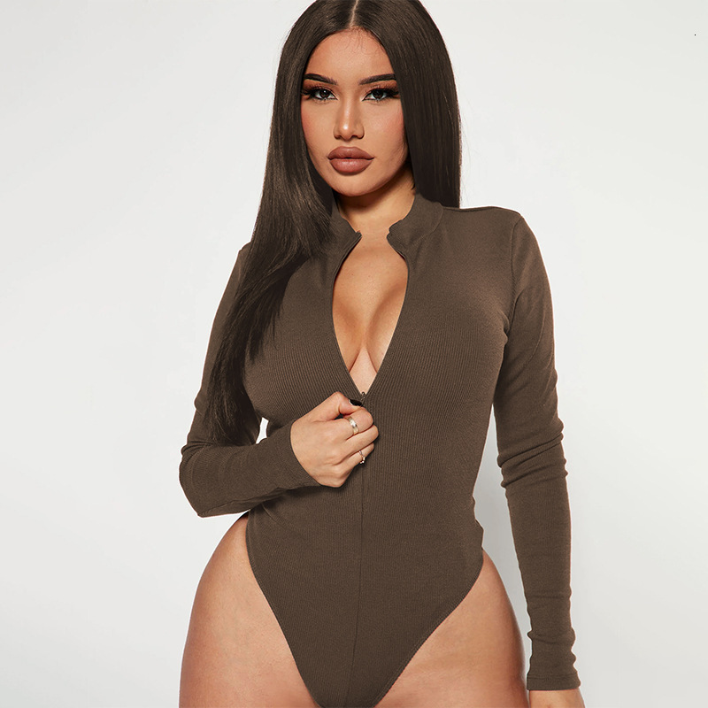 F1712 Autumn Winter New Solid Color Ribbed Long Sleeve Fashion Sexy Tight Bodysuit
