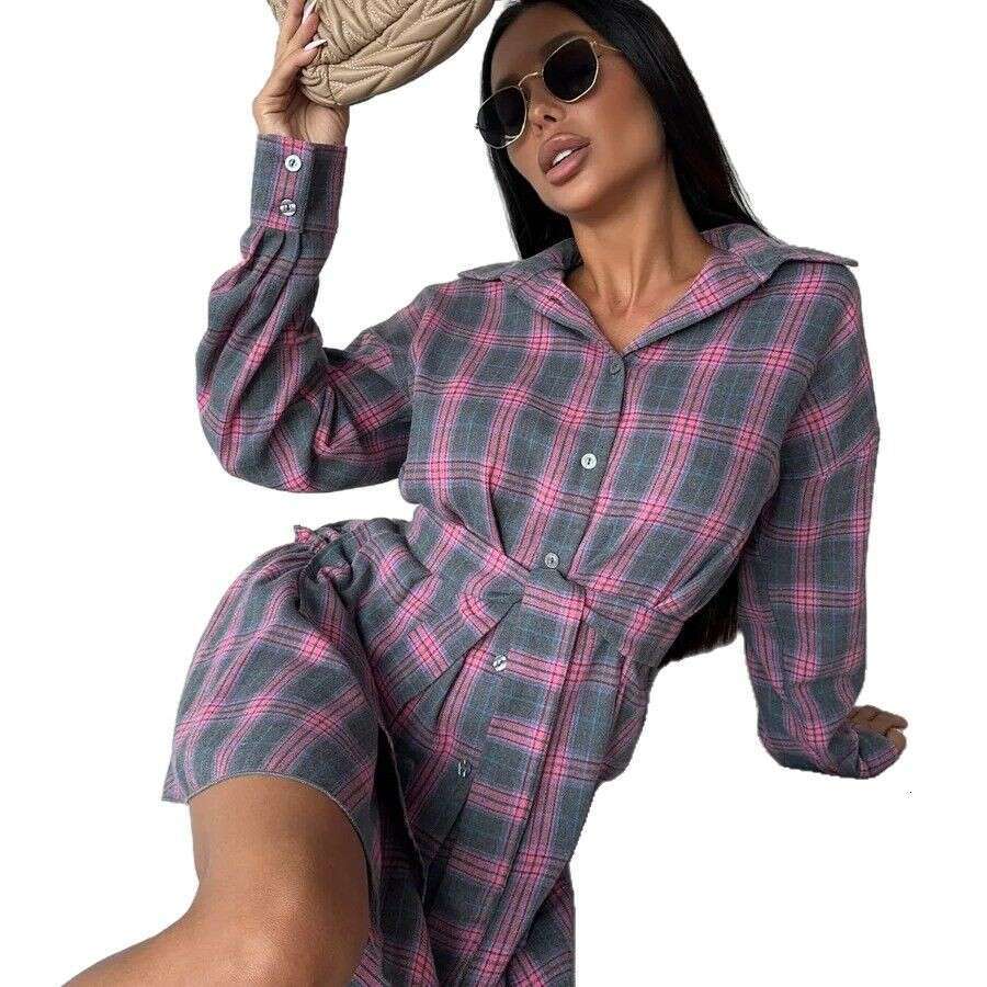 New Fashion Casual Plaid For Women, Turn-Down Collar Loose Shirt With Belted Waist And Half Skirt Two-Piece Set B5