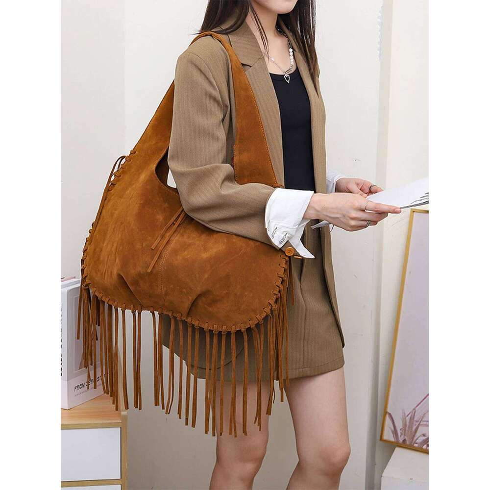 designer bag 2025 new bohemian retro style tassel women's fashionable one-shoulder crossbody large capacity dumpling bag
