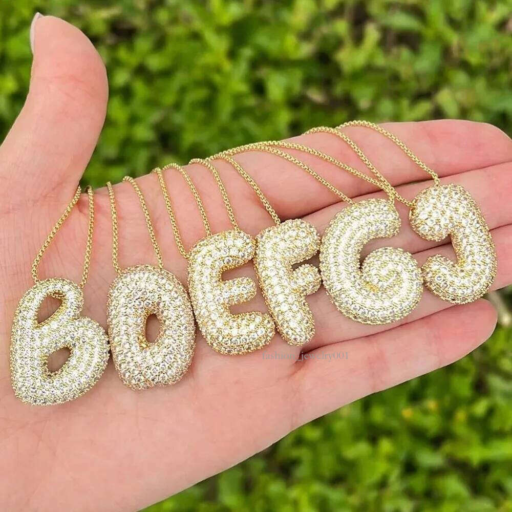 Gold Plated Waterproof Thick Bubble Alphabet Letter Clavicle Choker Necklace Sparkling Rhinestone Balloon Initial Jewelry 240625