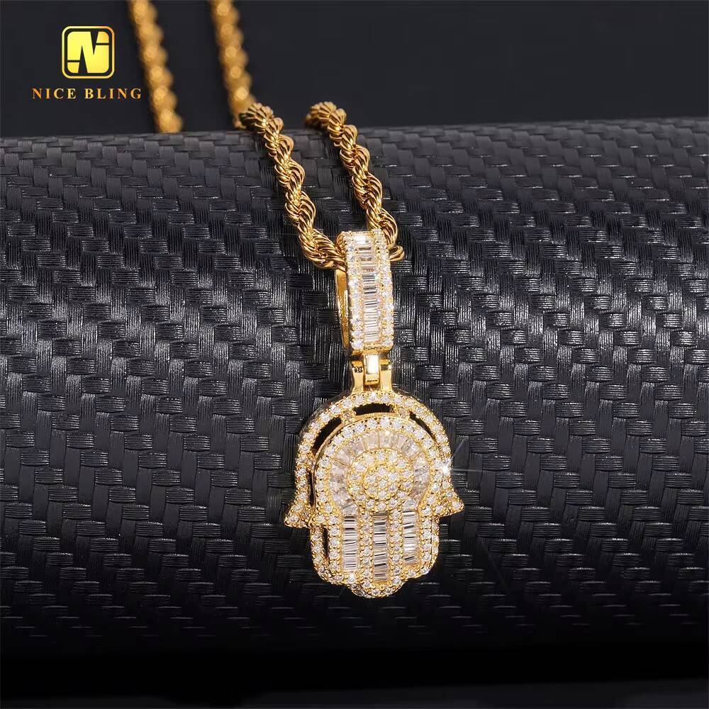 Hip Hop Charm Fashion Jewelry 925 Sterling Silver Egyptian Eye Hamsa Hand baguette Diamond Moissanite Pendant