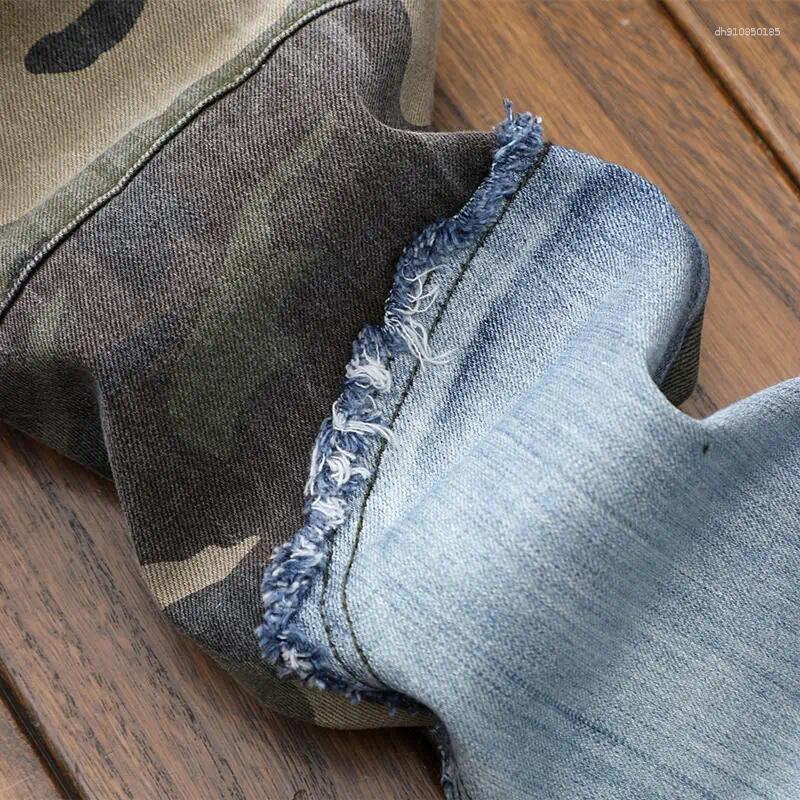 Lanjia- Men's Slim Fit Jeans - Retro Patchwork Design, Elastic Waistband, Camouflage Accent For Casual Wear B79f3