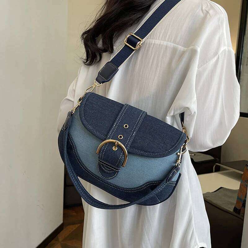 Denim Belt Design For Women Brand New Contrast Color Saddle Retro Versatile Blue Fashion Shoulder Messenger Bag
