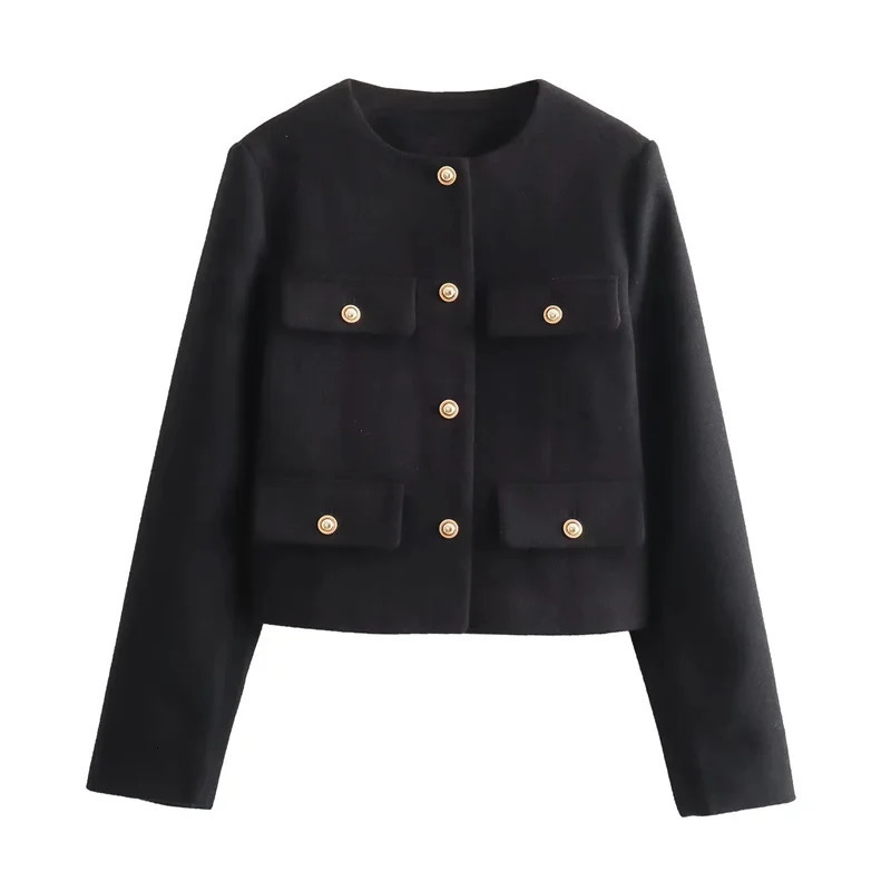 MUJER Cropped Tweed Jacket Woman Coat Button Long Sleeve Elegant Jackets For Women Short Coats Fashion In Outerwears 250730