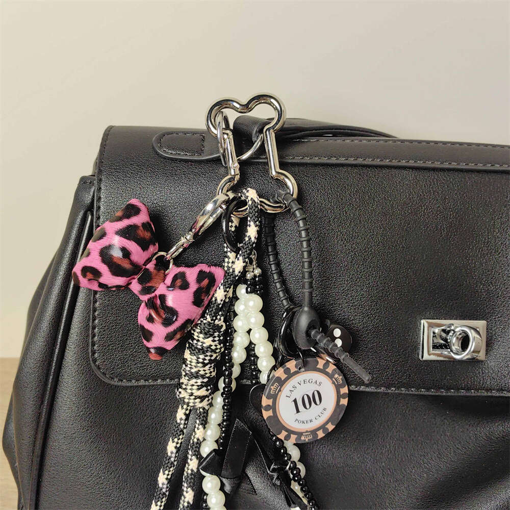 Sweet Cool Rose Pink Leopard Print Bow Keychain Chip Pearl Chain Pendant Women's Bag Charm