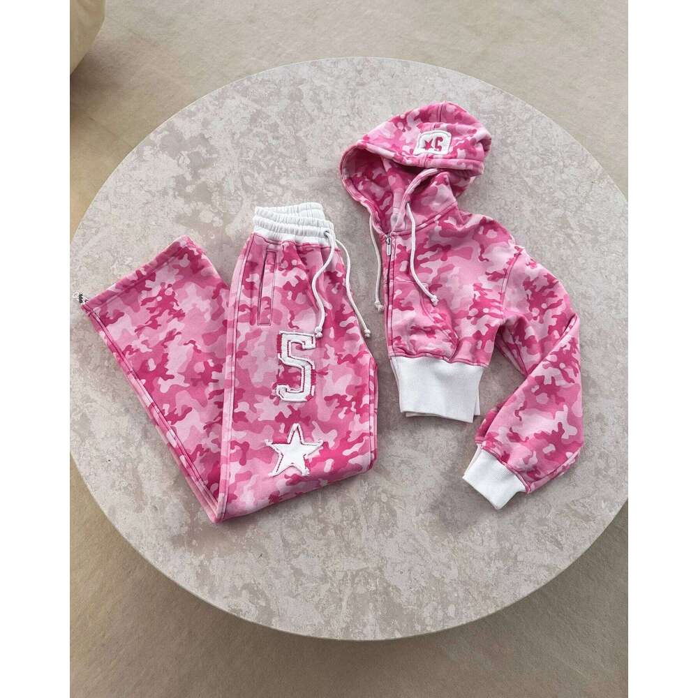 Y2k Pink Camouflage Sportswear Two Piece Set Women Hip-Hop Rock Waist Exposed Slim Zipper Hoodie New Punk Casual Sports Pants