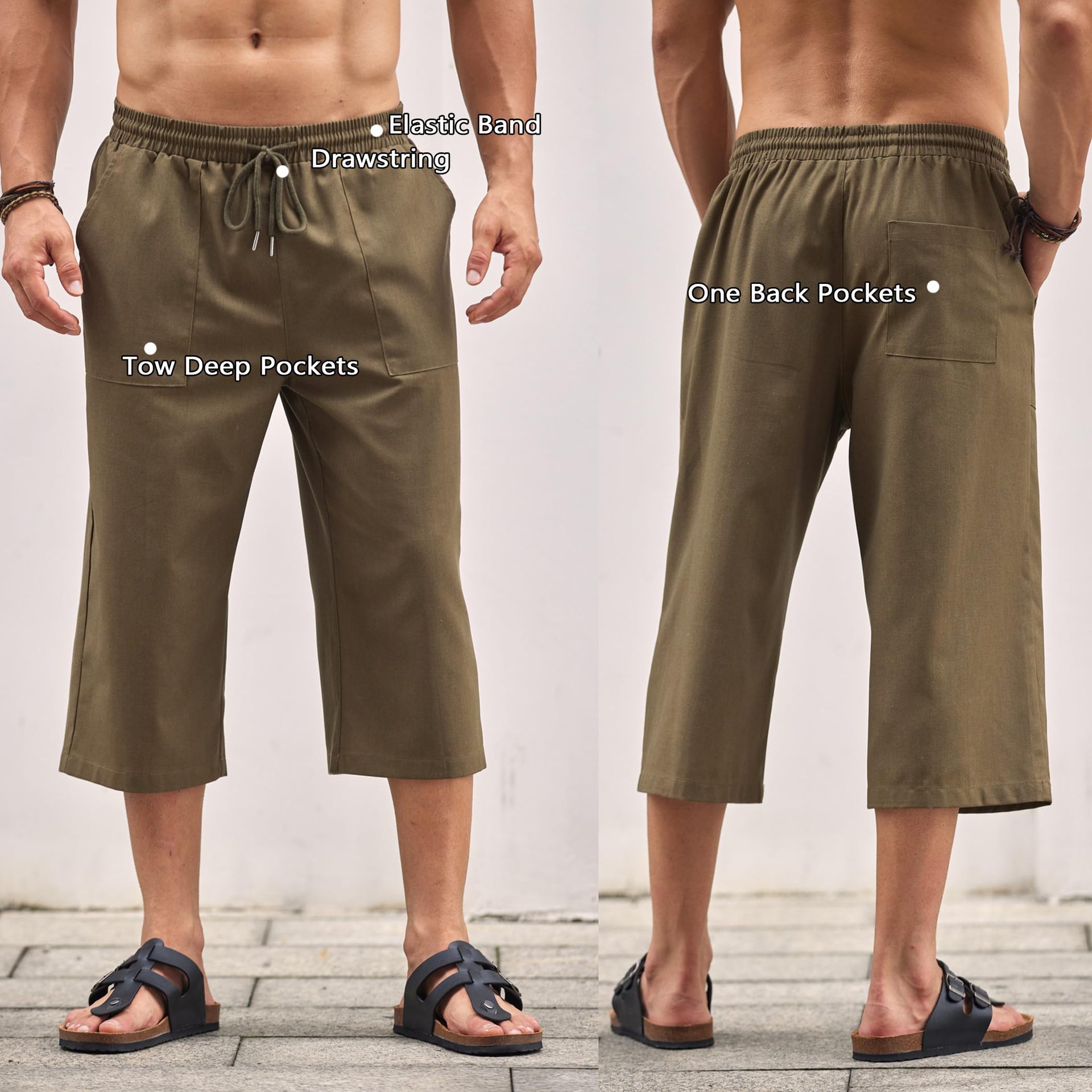 Men's sports mid-waist drawstring solid color beach cropped pants lightweight casual pants