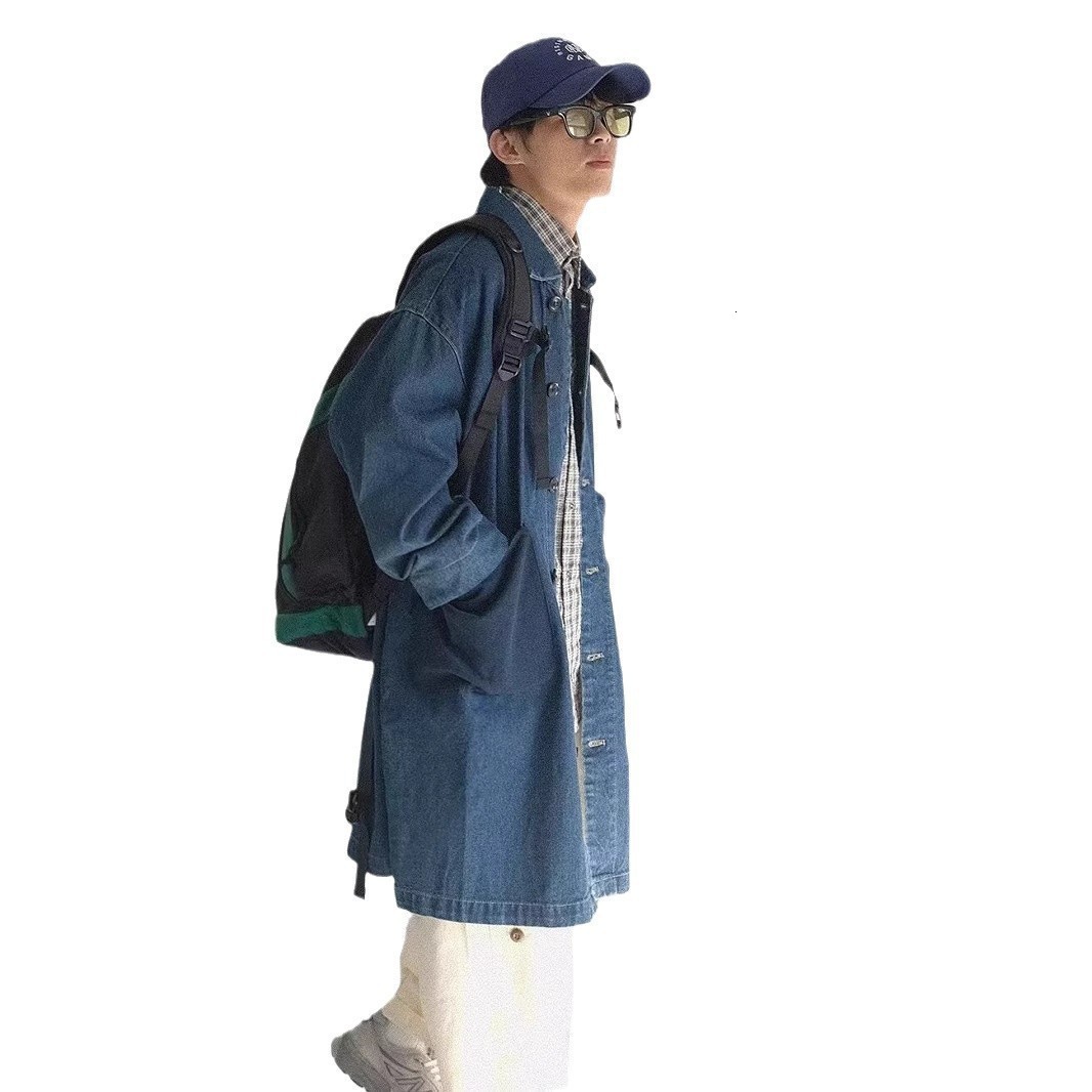 Simple Mid-Length Denim Trench Coat for Men Loose Casual Jacket Couple Outerwear Denim Coat 210524