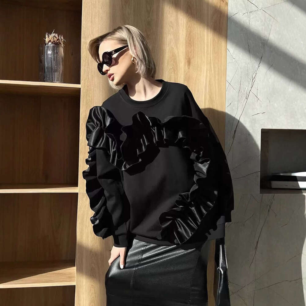 Heart Lace Trim Design Color-Block Sweatshirt Round Neck Long Sleeve Casual Loose Fleece Top For Women B5