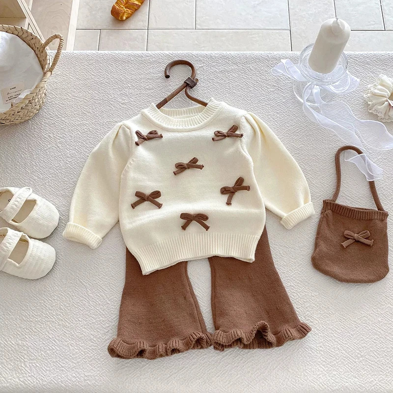 0-24M Baby Girls Knit Suit Fashion Baby Girls Clothing Sets Bow Knit SweaterBell-Bottoms Suit 2PCS Infant Girls Knit Tracksuits 250729