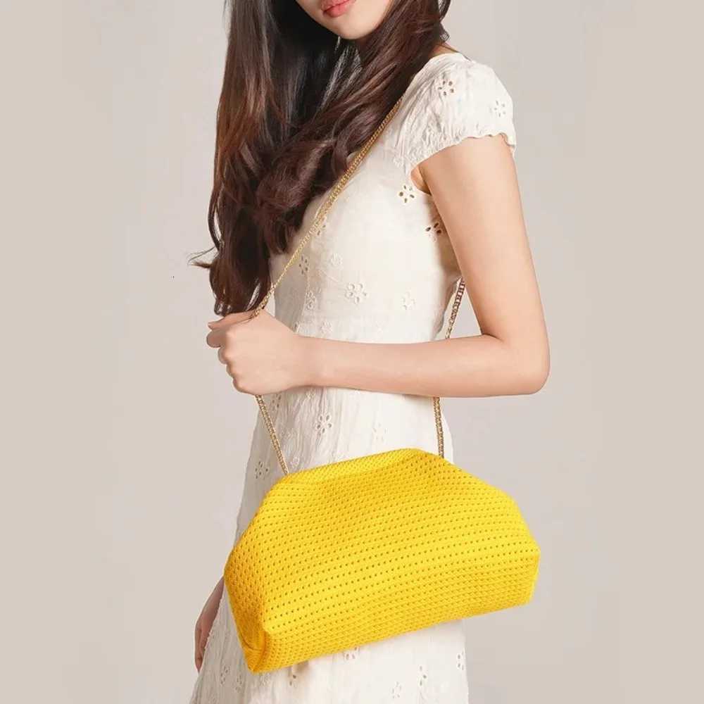 Solid Color Women Beach Clutch Bag Large Capacity Hollow Out Banquet Bag Soft Elastic Dumpling Purse Summer Crochet Handbag Y250729