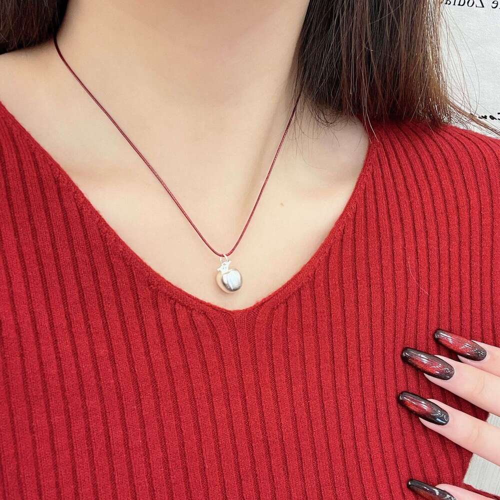 Korean Blogger Style Simple Apple Necklace for Women, Niche Design, Elegant Texture, Fashionable Ball Pendant Sweater Chain e1b
