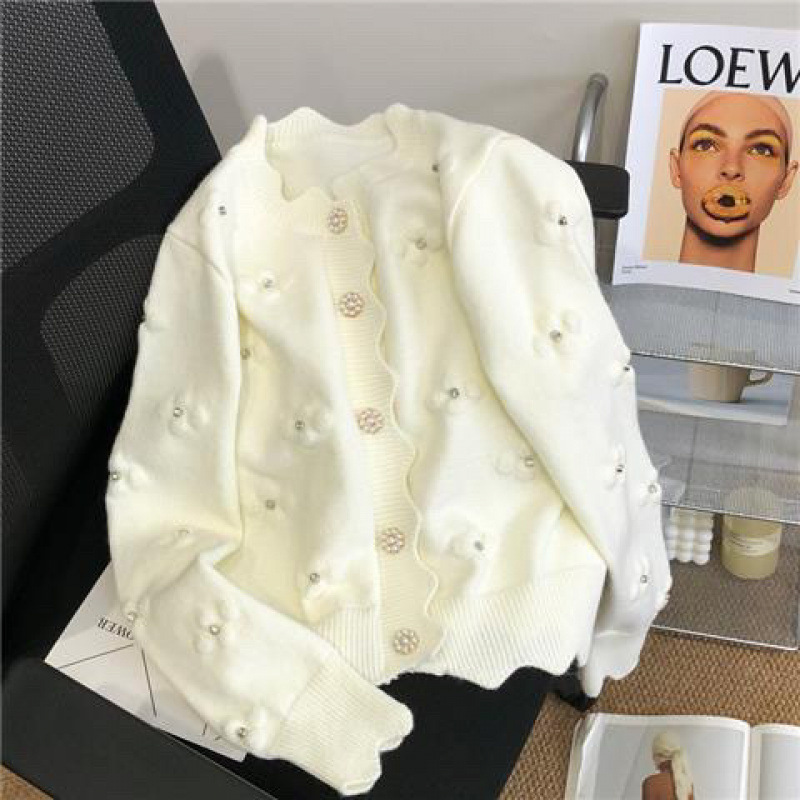 2025 Early Autumn New Women's White Socialite Embroidered Knit Cardigan Floral Sweater Coat Spring New Outerwear