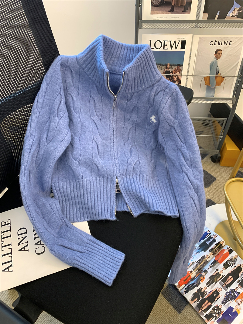 Korean-style short retro cable knit stand collar sweater coat for women collegiate autumn and winter embroidered knit cardigan top