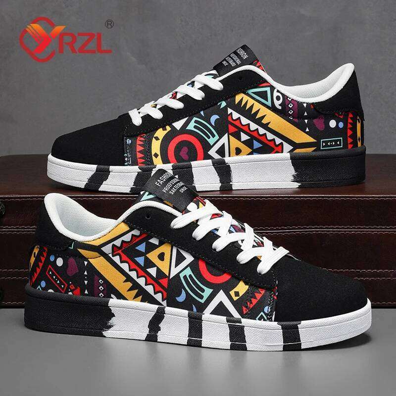 YRZL Men's Sports Running Canvas Geometric Style Lace-Up Sneakers Couples' Fashionable Graffiti Print Skate Shoes Men