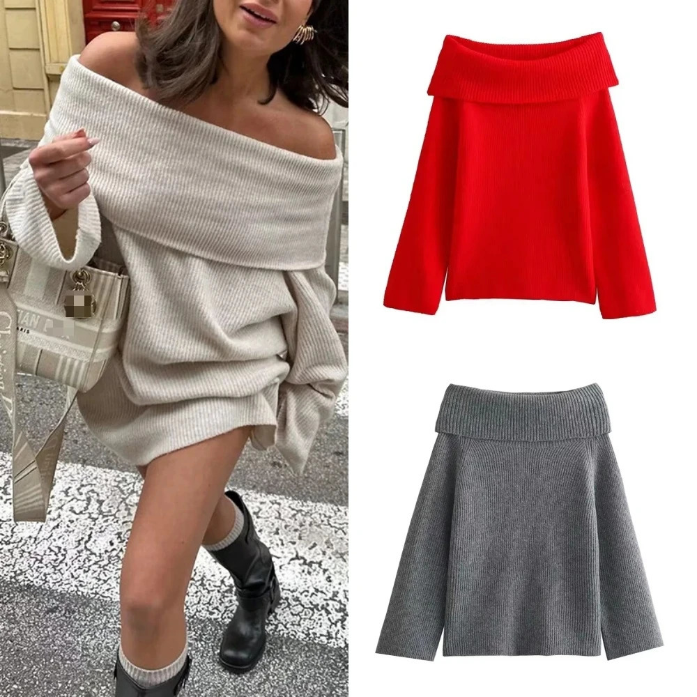 Autumn Winter Sexy One-shoulder Knitted Sweater Women Clothing Fashion Long Sleeve Strapless Christmas Knitwear Tops 250723