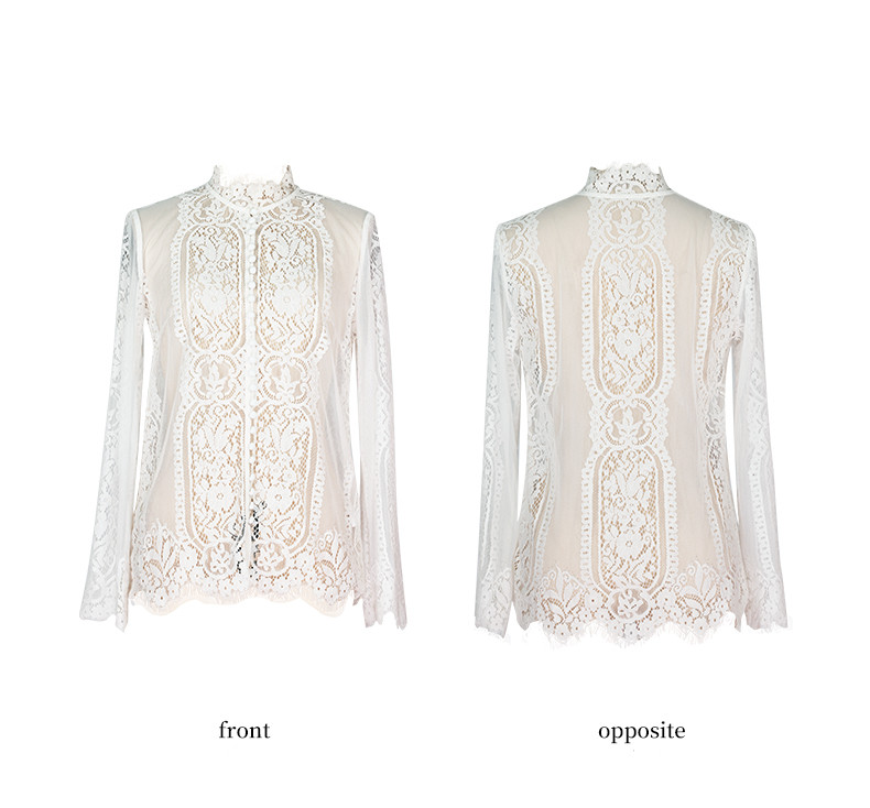 Women's Elegant White Lace Top Hollow long-sleeved White Top French Romantic Sexy Lace Shirt Party Summer Resort Wear Office Women Clothing 61123