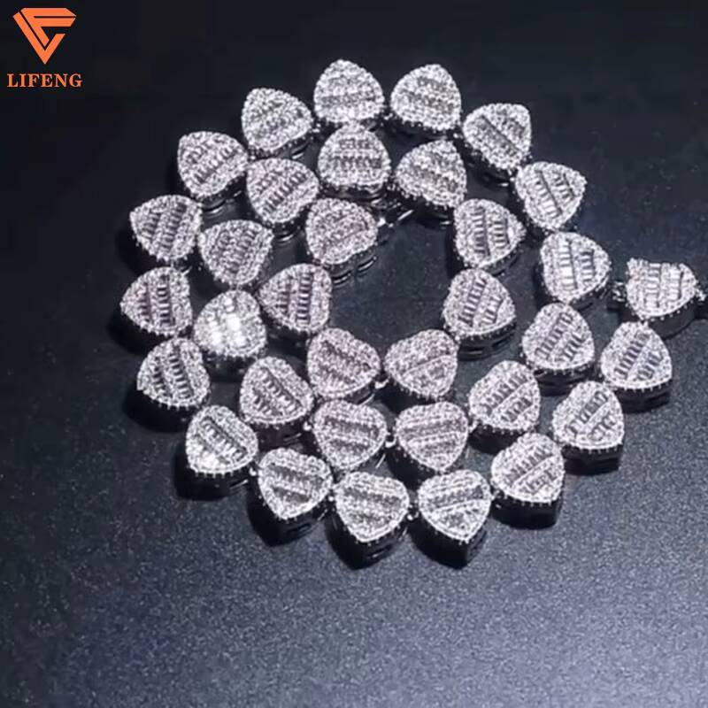 Latest Design Fashion Jewelry 8mm 925 Silver Iced Out VVS Moissanite Baguette Diamonds Heart-Shaped Tennis Chain Necklace