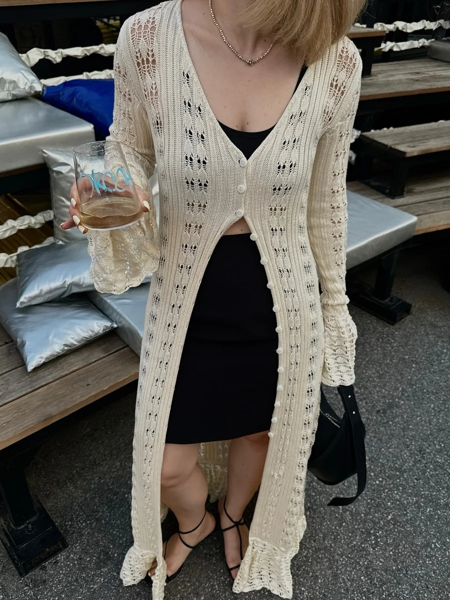 Puloru Hollowed Crochet Knit Long Cardigans for Women Ladies Autumn Chic Flare Sleeves V Neck Buttons Outwear Streetwear 250730