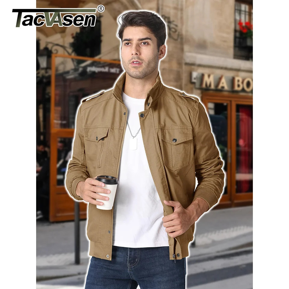 TACVASEN Full Zip Cargo Jacket Mens Retro Stand Collar Pilot Spring Autumn Lightweight Bomber Casual Outwear 250730