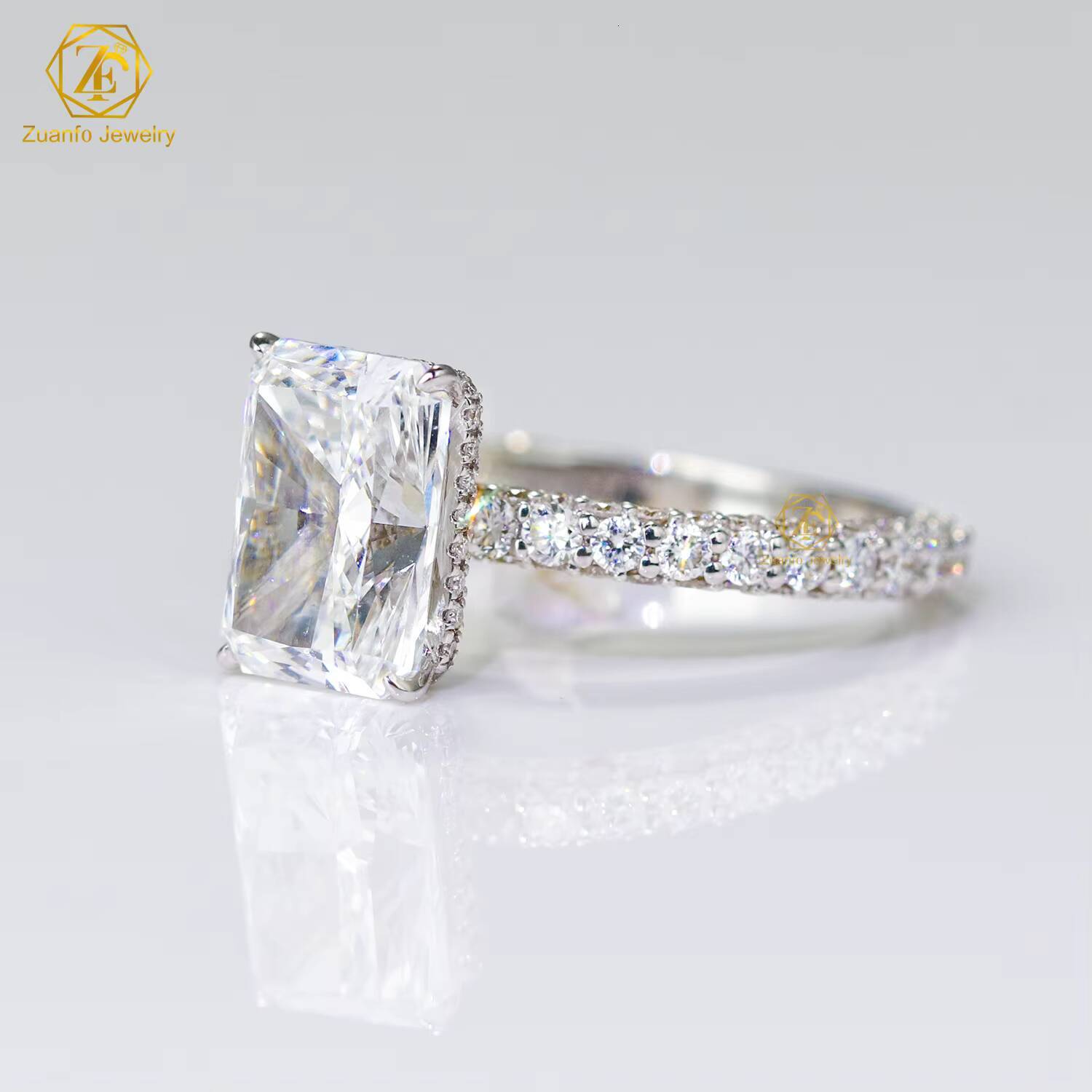 Luxury Design Women Moissanite Ring S925 14k 18k Real White Gold Ice Crushed Radiant VVS Moissanite Diamond Engagement Ring