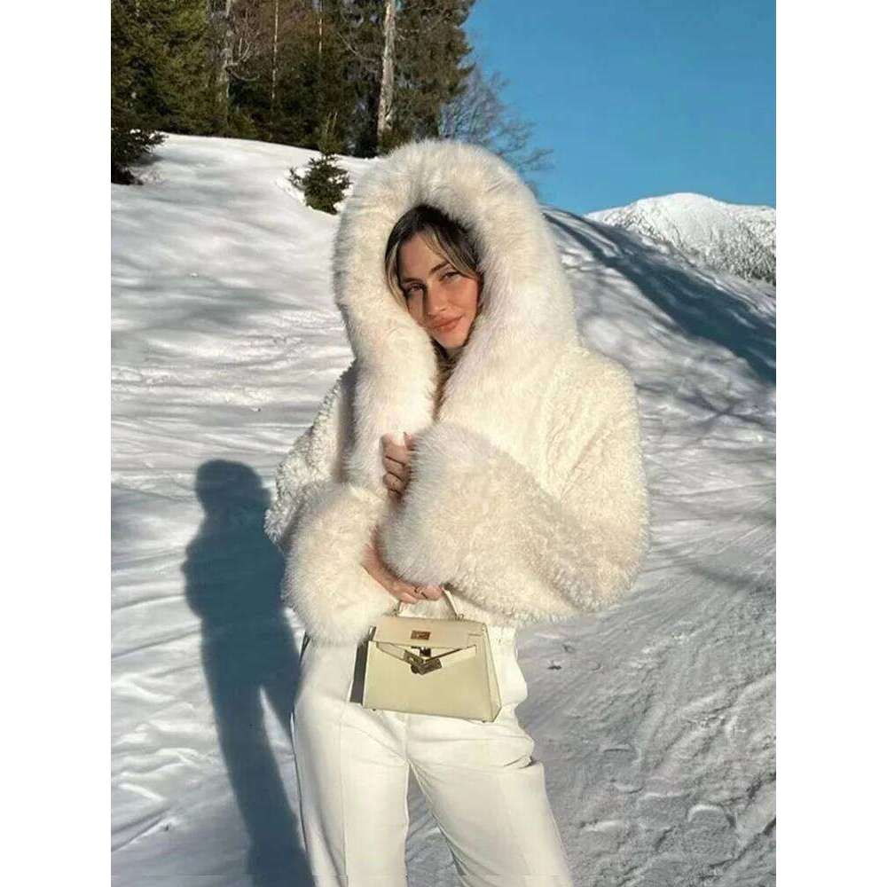 ZADORIN High Quality Coats Hooded Cropped White Black Faux Coat Woman Clothing Fluffy Fur Jacket Winter Outerwears