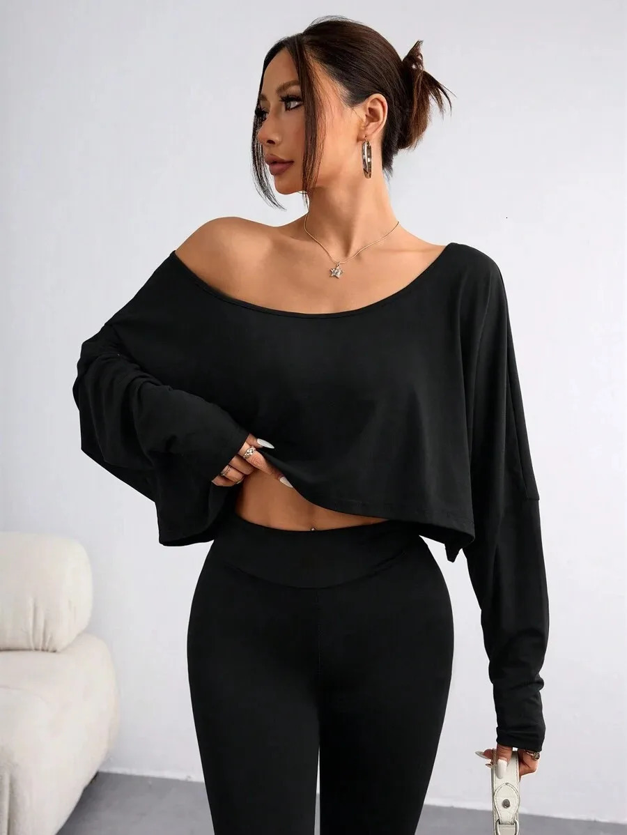 Womens Black Long Sleeve Blouse Tshirt Casual Asymmetrical Neck Strapless Top for Sporty 250729