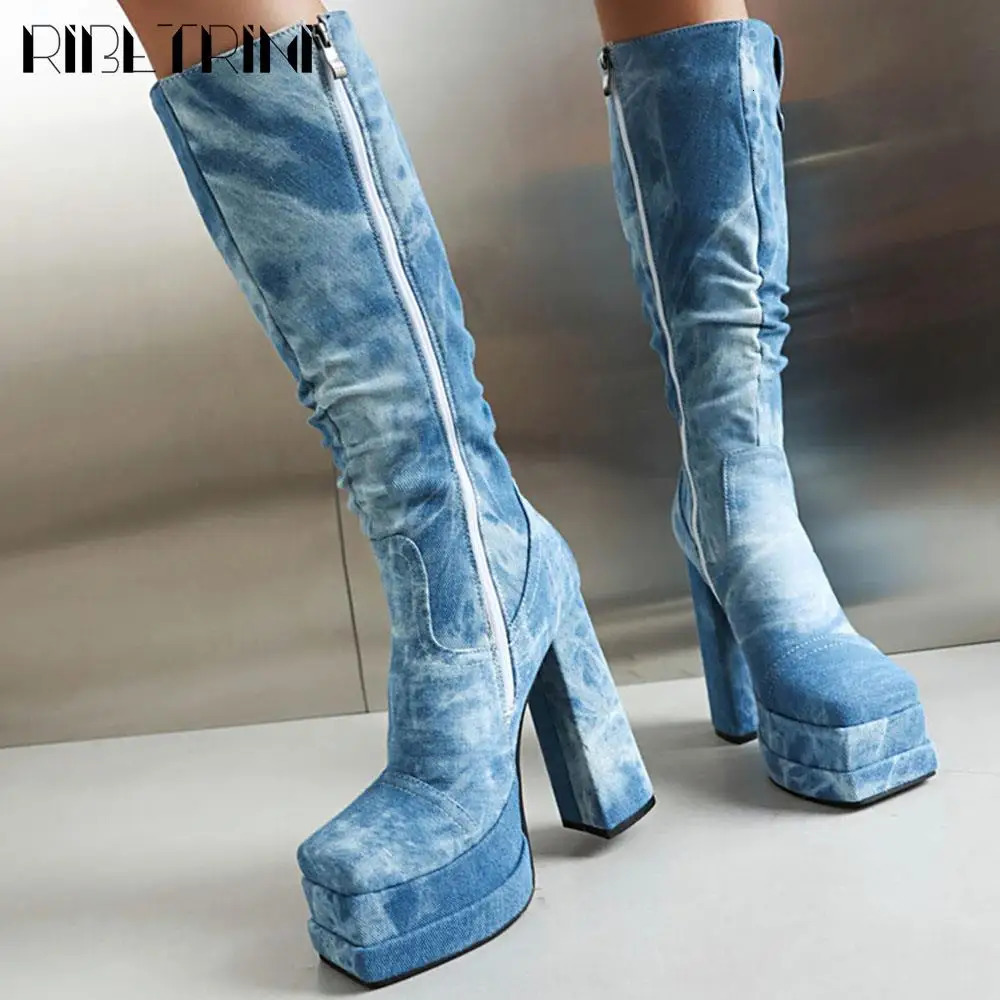 Women GO Boots Chunky High Heeled Double Platform Knee High Shoes Zip Denim Elegant Sexy Party Boots 250729