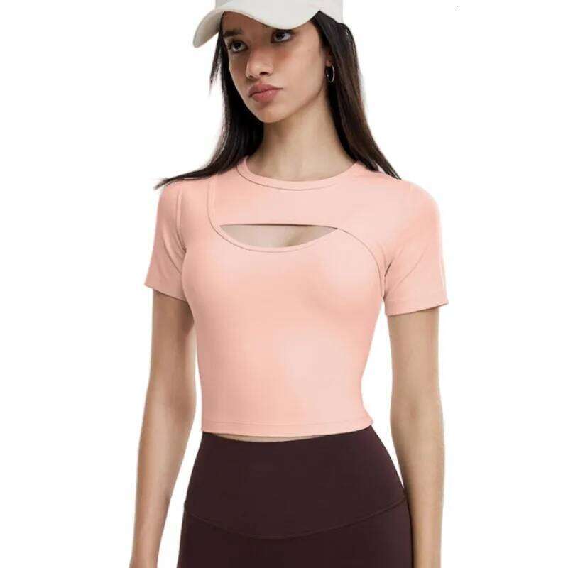 DX216 Built In Fixed Chest Pad Yoga Shirt Women Crop Top Quick Drying Running Training Fiess Sports Short Sleeve T-Shirt
