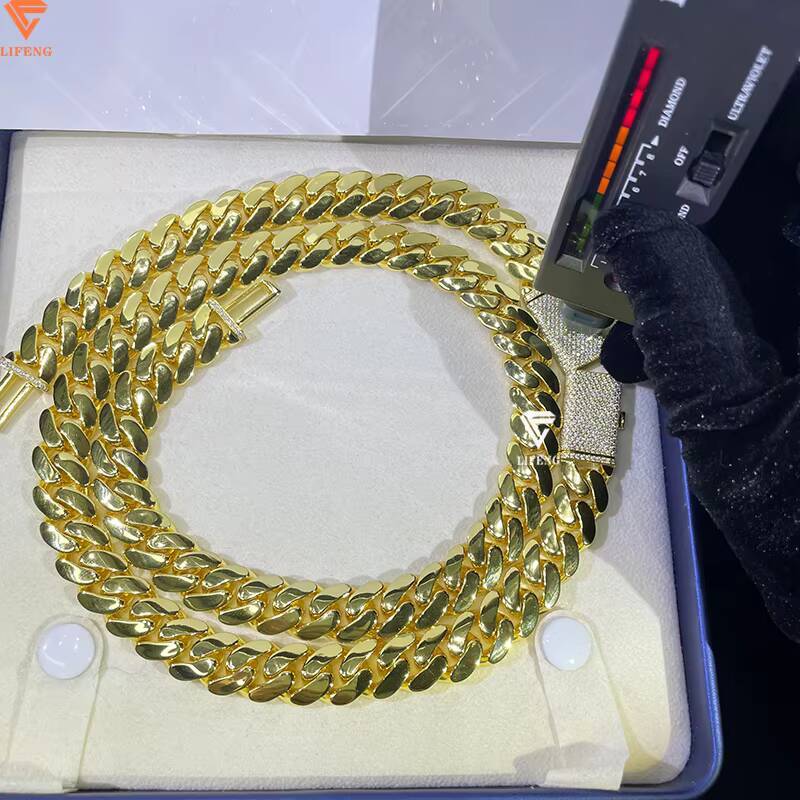 Custom 18K Gold Plated 14mm Cuban Link Chain Iced Moissanite Necklace Solid Sterling Hiphop Plain Cuban Link Necklace