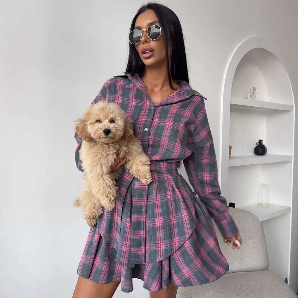 New Fashion Casual Plaid For Women, Turn-Down Collar Loose Shirt With Belted Waist And Half Skirt Two-Piece Set B5