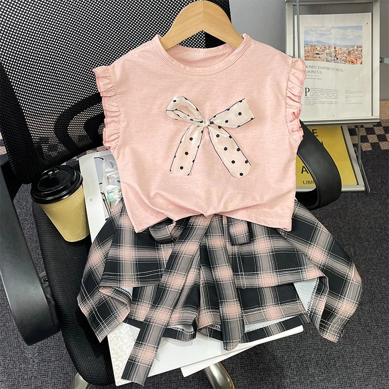 Summer Children Girls Plaid Skirt Outfits Sweet Dot Print Bow Sleeveless Tops Irregular Skirt Suits Infant Babys Girls 2PCS Sets 250729