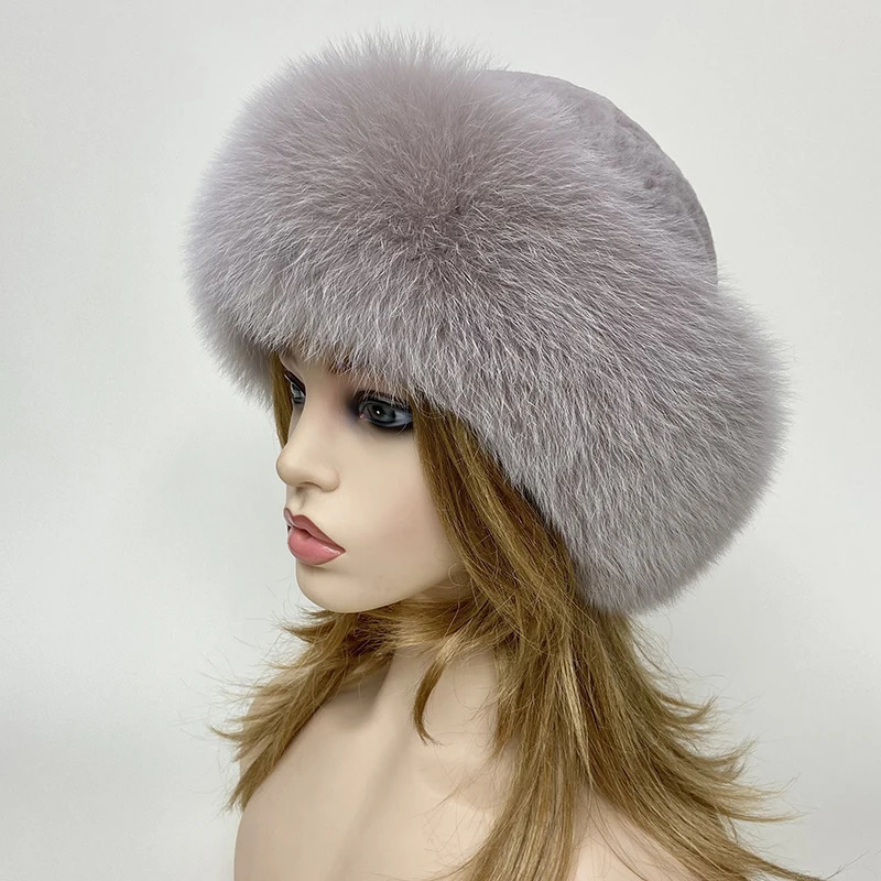 Russian Winter Fur Hat Warm Fluffy Women Round Hat Fluffy Fox Rabbit Fur Bucket Hat 250724