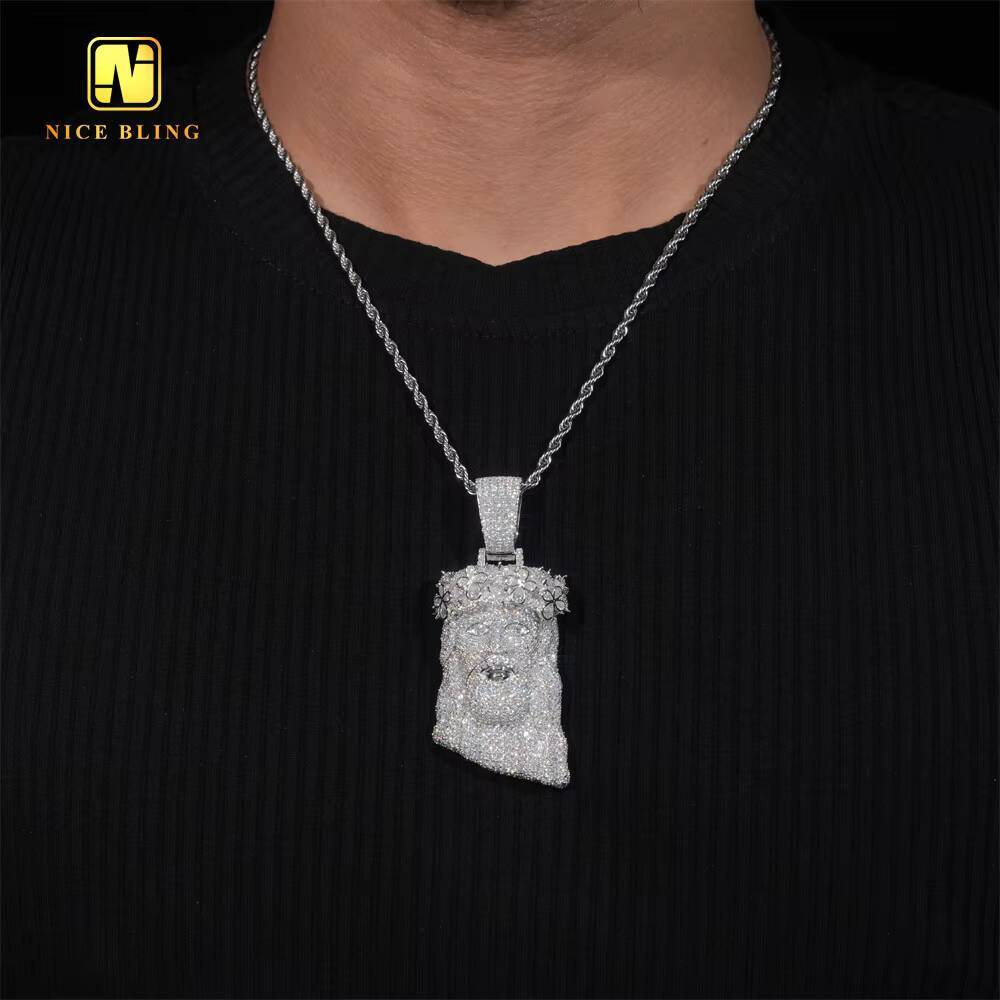 Iced Out 3D Fine Custom Hip Hop Men Jewelry Pendant Pear Cut VVS Moissanite Full Diamond Silver Plated 925 Silver Jesus Pendant