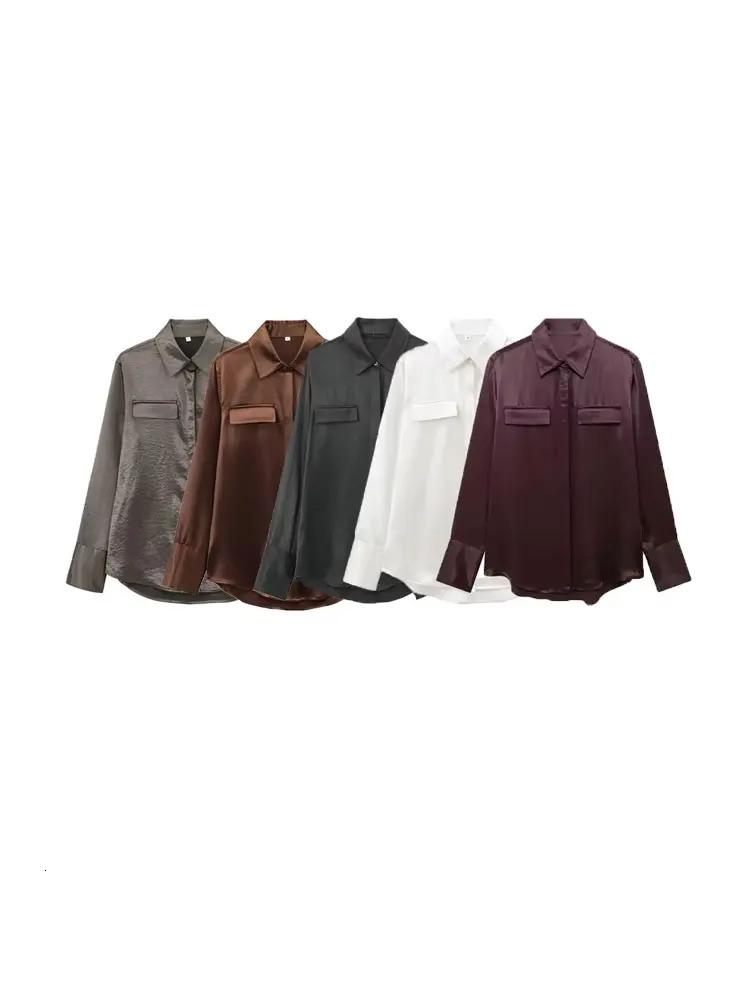 TRZASatin Shirts with Pockets for Women Long Sleeve Buttonup Female Blouses Chic Tops Fashion 250724