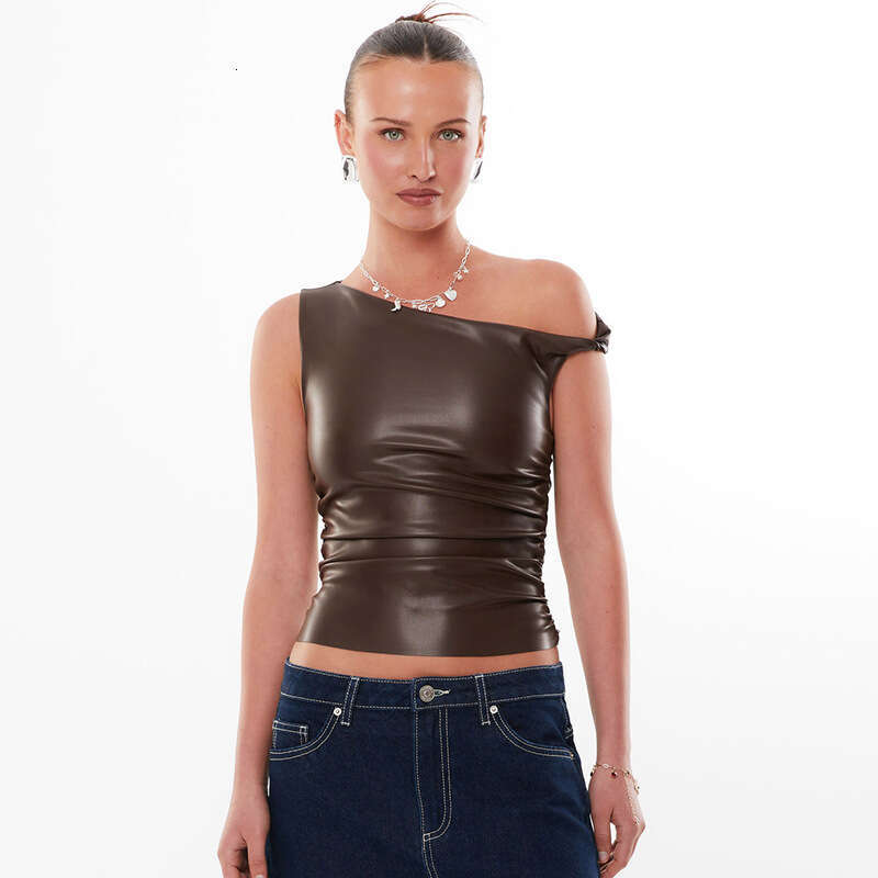 Ytp647 Women's Autumn Winter Twist Strap Off-Shoulder Leather Ruched Short Crop Top T-Shirt B5