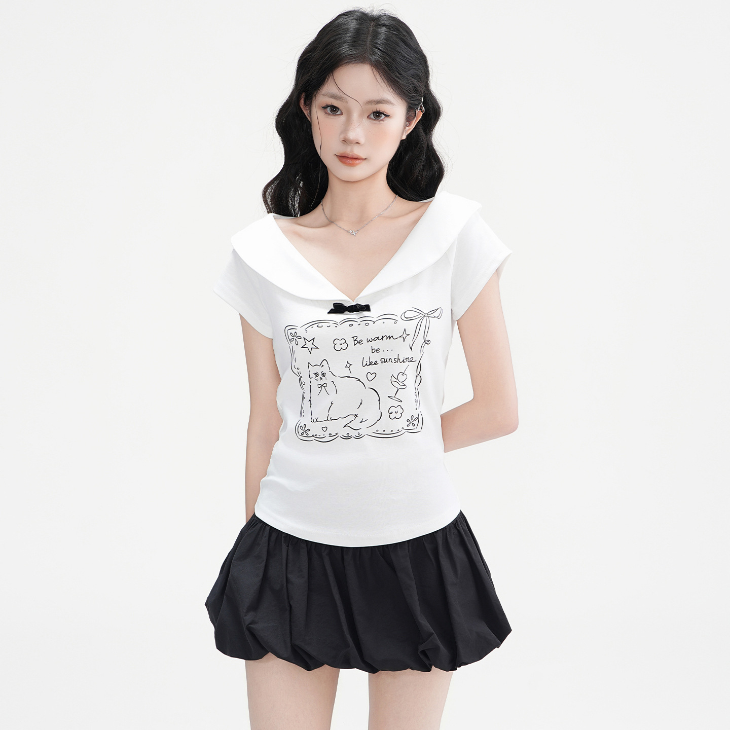 2025 Jiyou Korean style doll collar shoulder short sleeved women's summer new bow design top new designer T-shirt