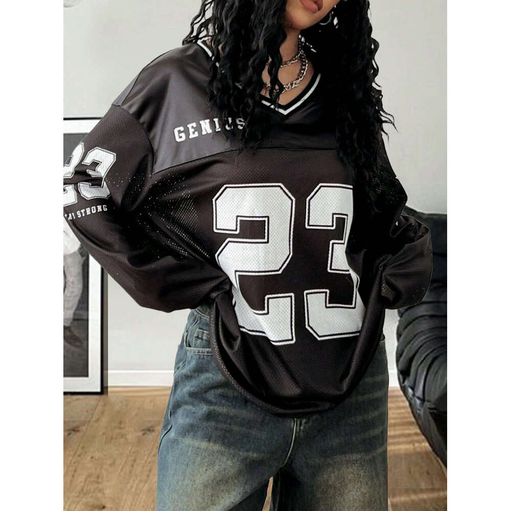 Digital Print Loose Fit Short Long Sleeve T-Shirt Women American Style Sports Casual Pullover V-Neck Unisex Top