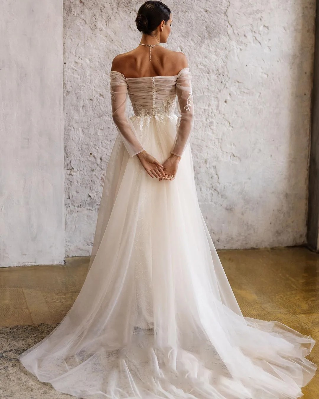 Off The Shoulder A Line Mermaid Wedding Lace Full Transparent Sleeve Bridal Gown High Split Tulle Dresses