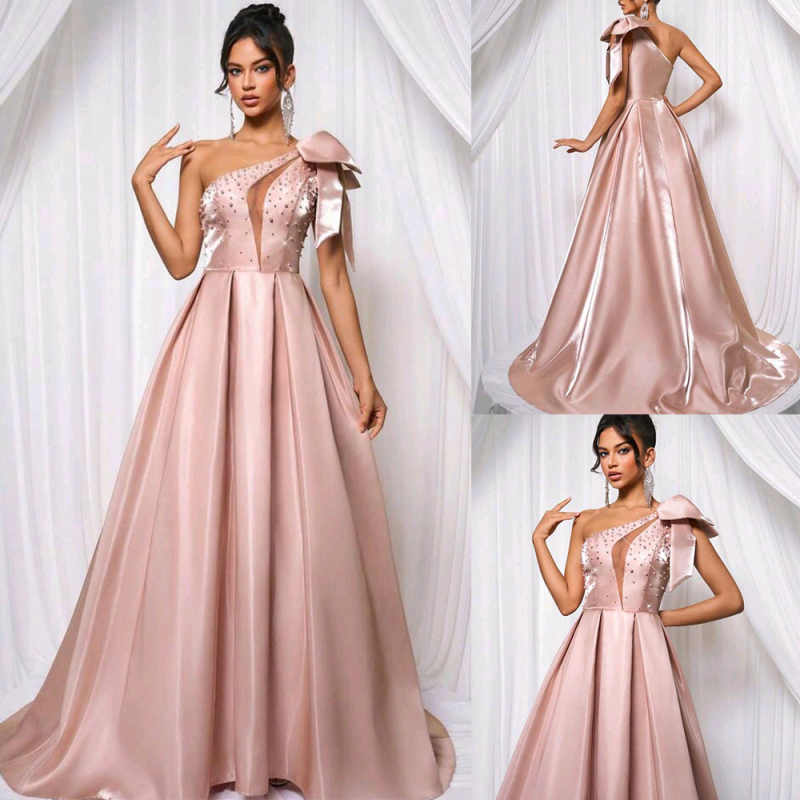 Graceful Pink Prom Dresses One Shoulder Sleeveless Lace-Up Court Gown Floor-Length Custom Made Formal Party Dress Vestido De Noite