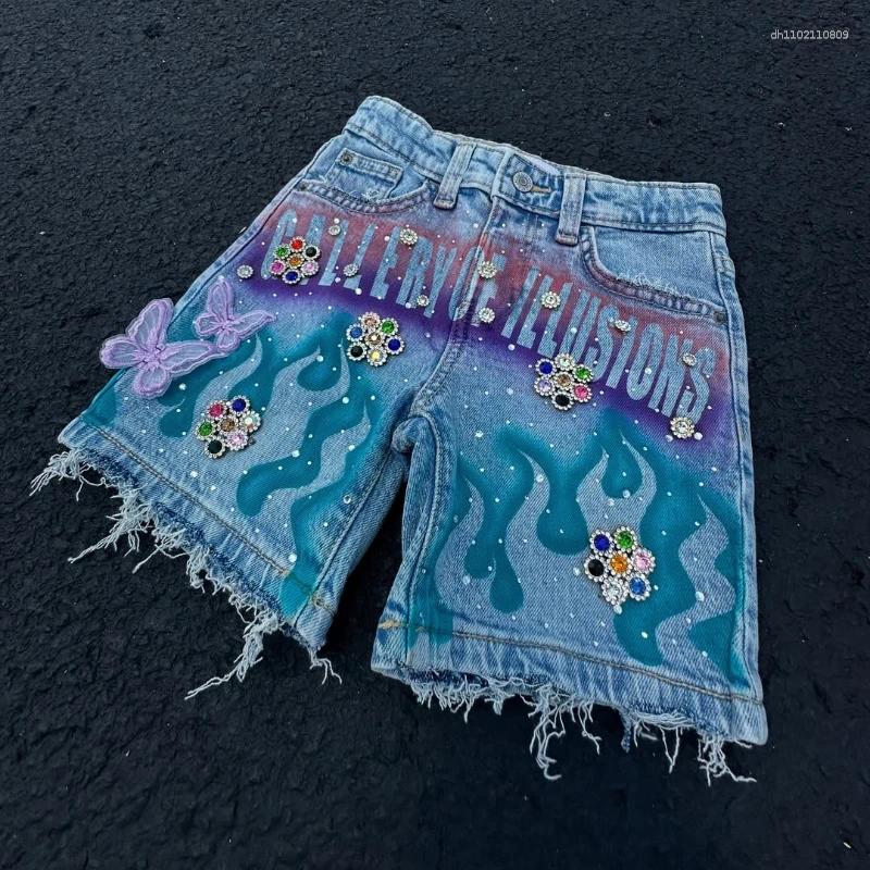 Men's Shorts Baggy Denim Harajuku Pattern Rhinestone Decoration High Waist 2000s Hip Hop Men Basketball Streetwear