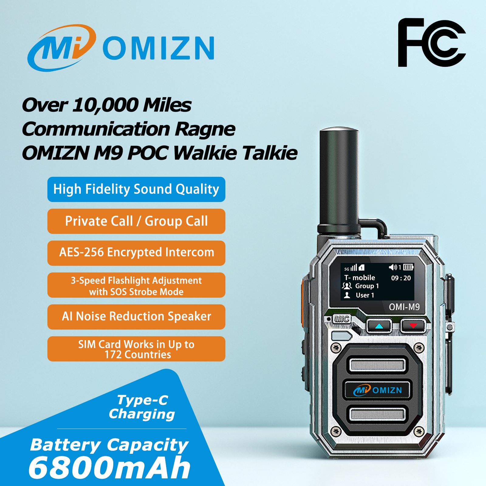 OMIZN M9 4G PoC Global Walkie Talkie Unlimited Range AES256 Type-C Charger AI Noise Reduction IP65 200CH Pre-installed SIM Card 10000 Miles Silver