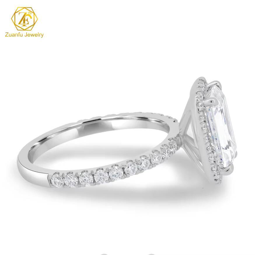 Fine Jewelry Custom Real 14k 18k Solid Gold Halo Emerald Shape Lab Grown Diamond Engagement Band Ring