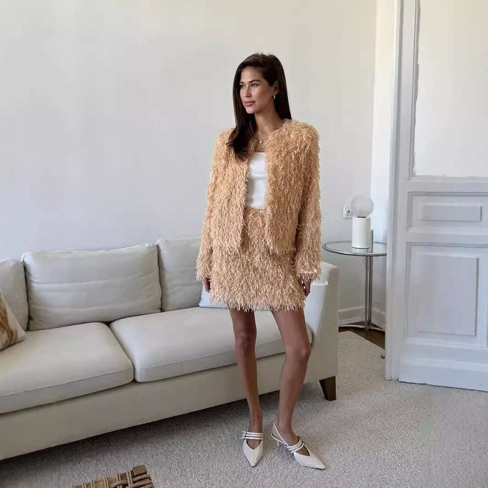 Autumn Winter Tassel Coat Set For Women Elegant Short Top + Skirt New Year B5