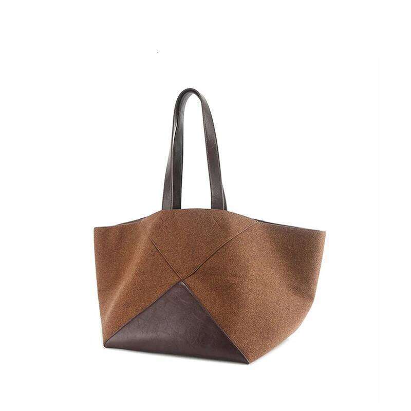 Genuine Large Capacity Tote Fashion Suede Geometric Patchwork Leather Shoulder Bag Women Retro Brown Handbag